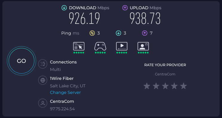 Speedtest.net internet speed test showing 926.19 Mbps DOWNLOAD and 938.73 Mbps UPLOAD speeds